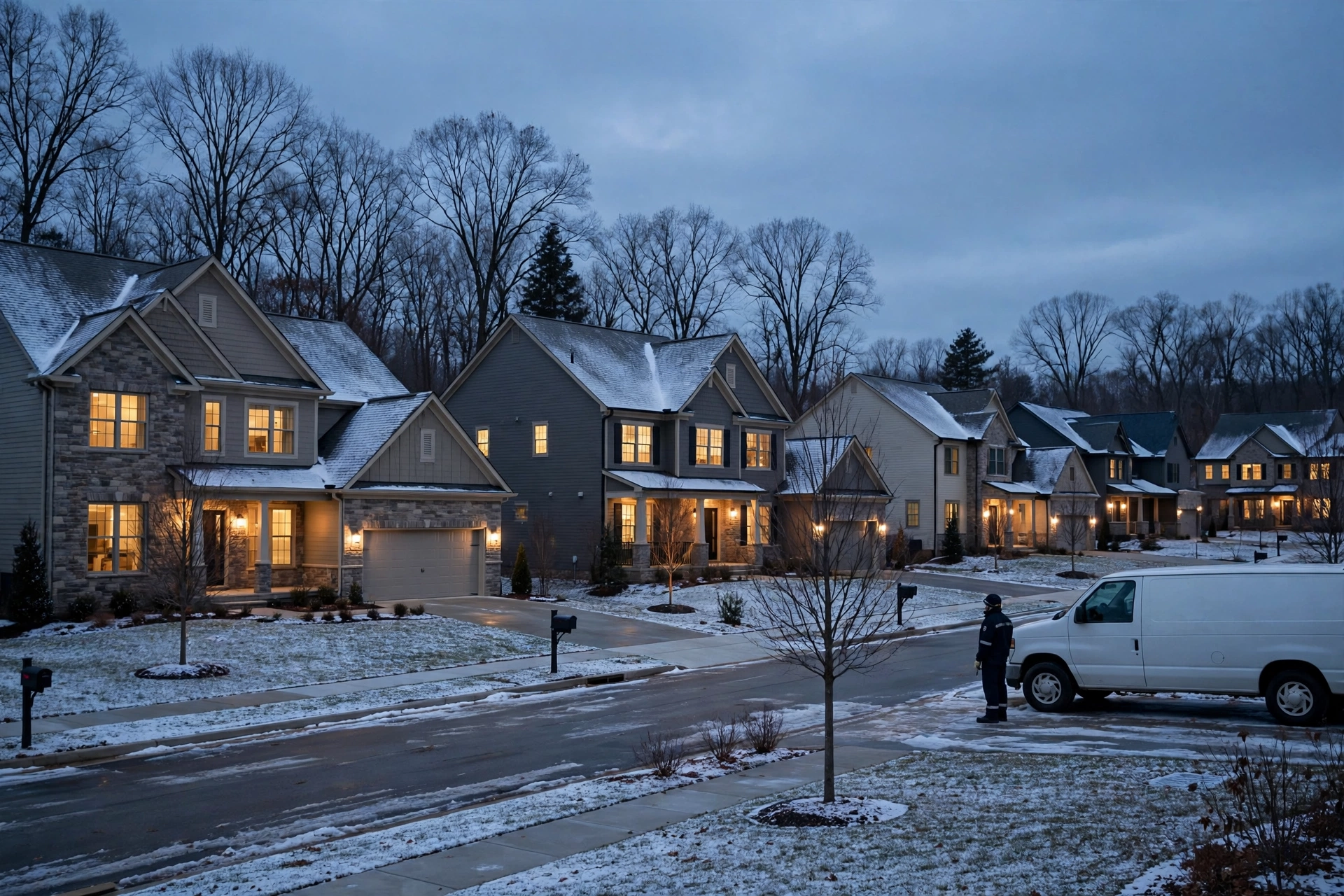 Suburban homes with warm lights and snow covered roofs at dusk, furnace repair in Dover