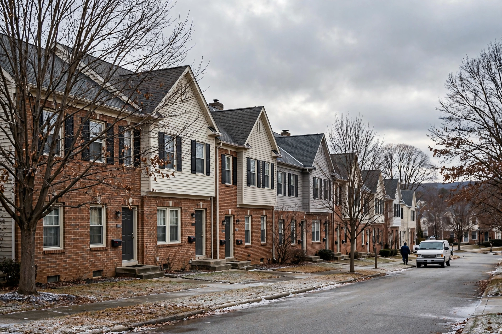 Row of brick townhomes on a quiet street in winter, furnace repair in Newark