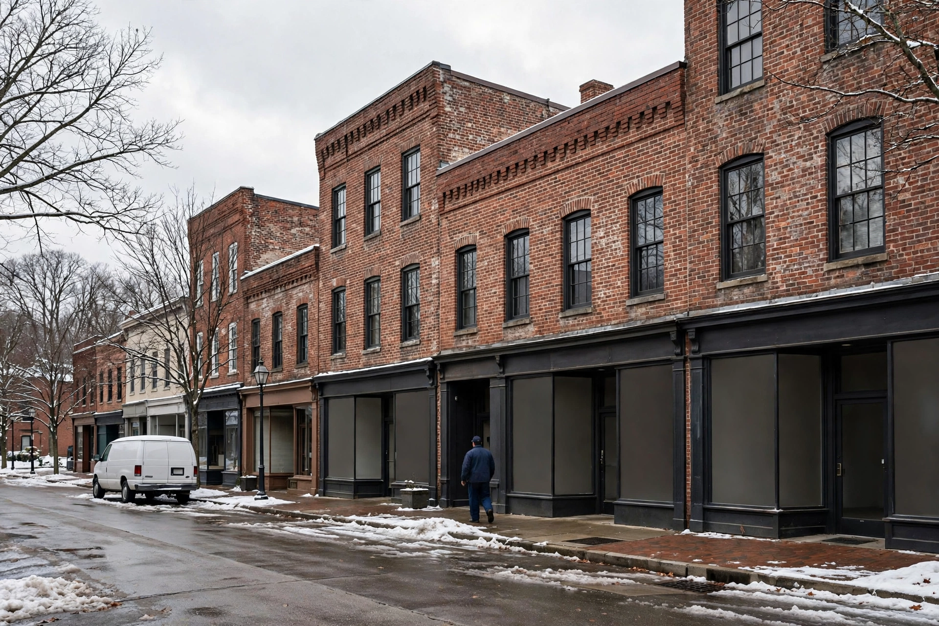Brick storefront buildings on a snowy small town street, furnace repair in Milford