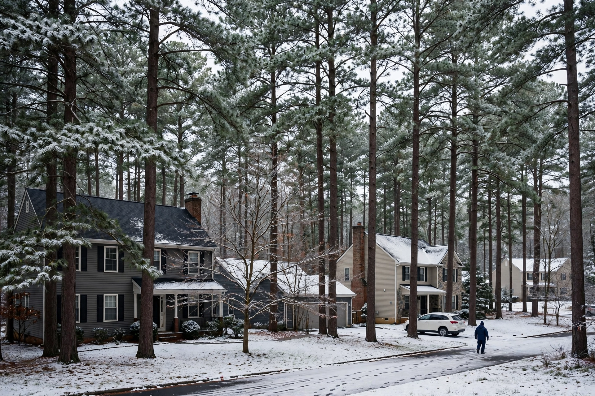 Houses among tall pine trees with snow on the ground, furnace repair in Seaford