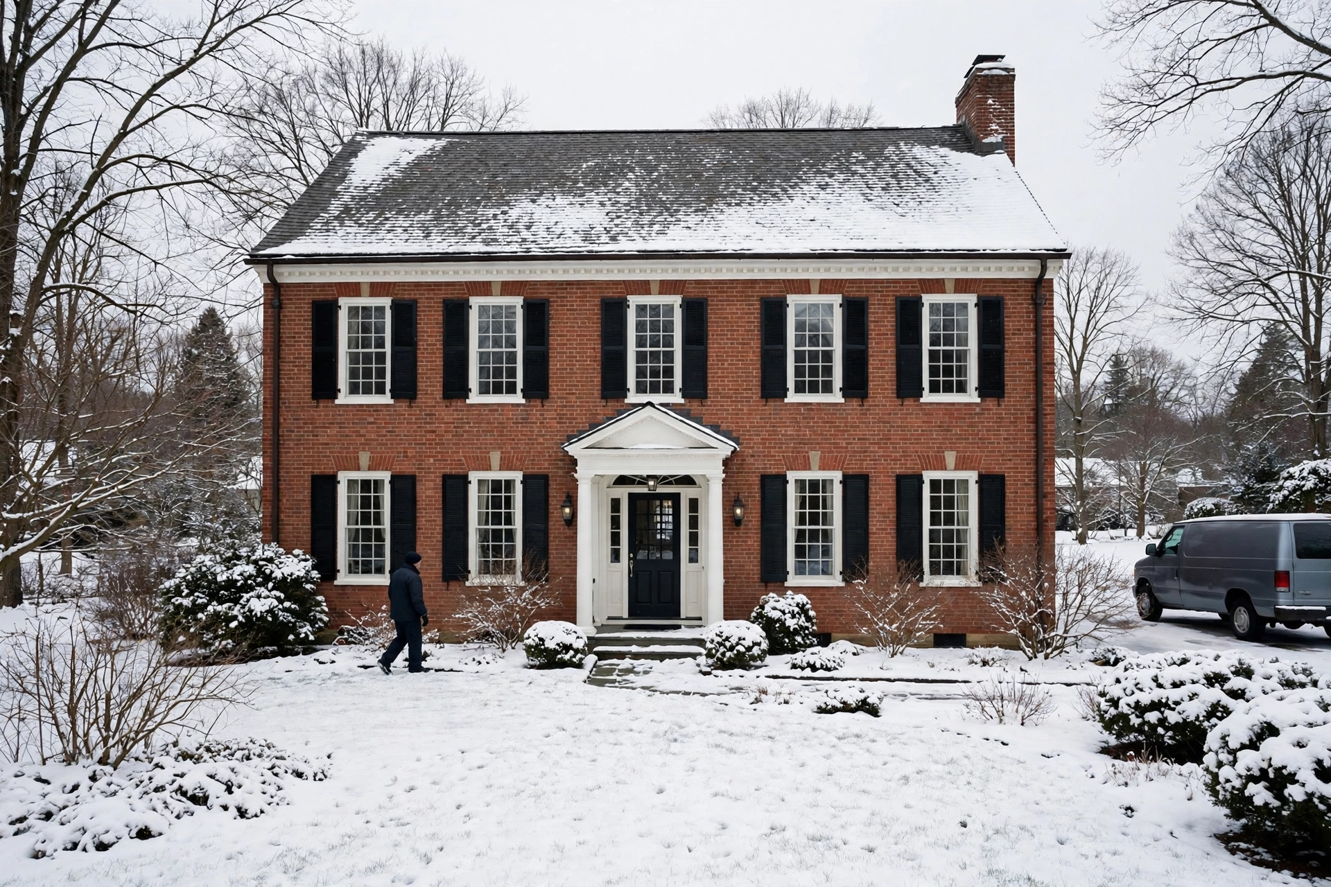 Large brick colonial house with a snow covered roof and front yard, furnace repair in Georgetown