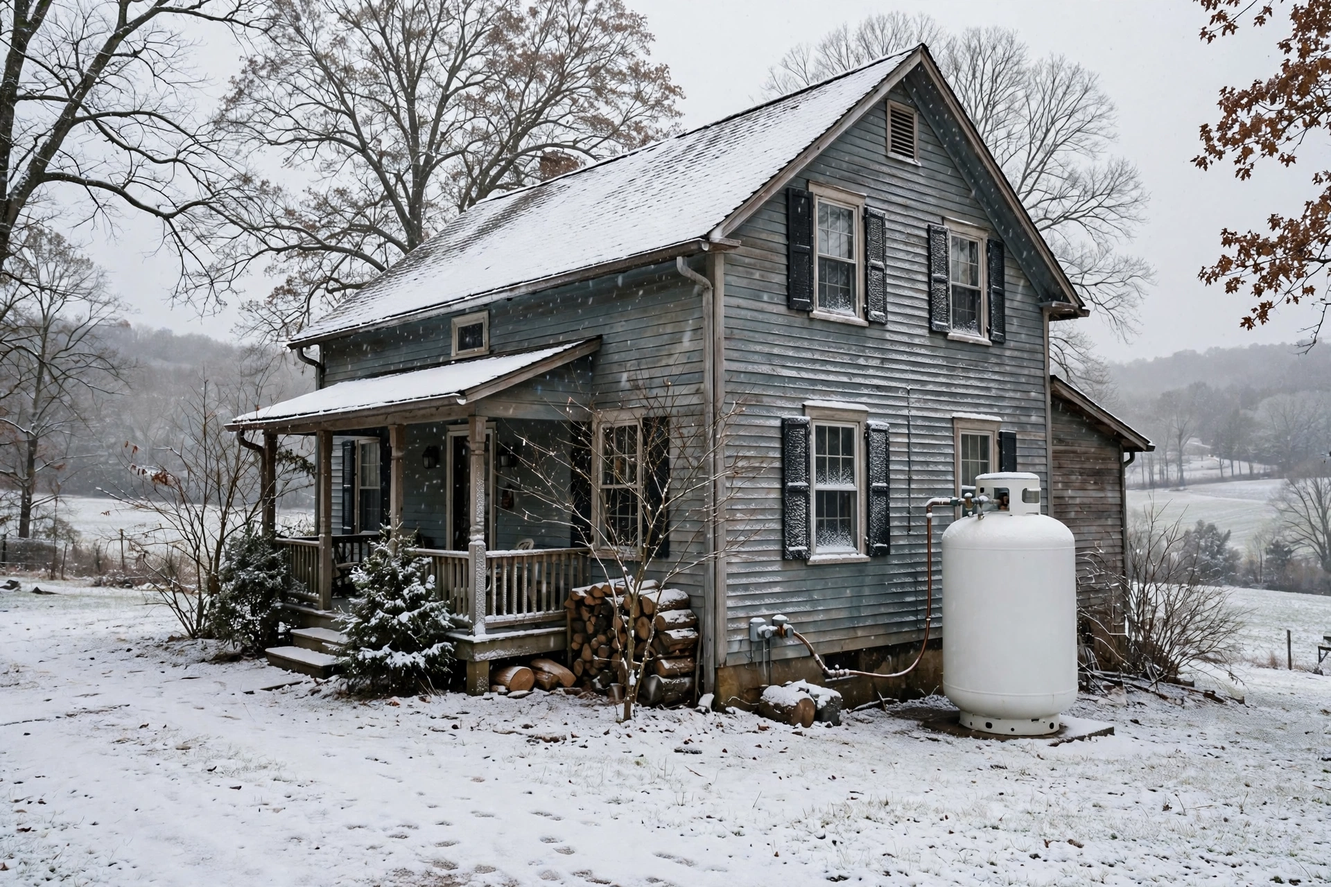 Older blue sided house in snow with a propane tank beside it, furnace repair in Millsboro