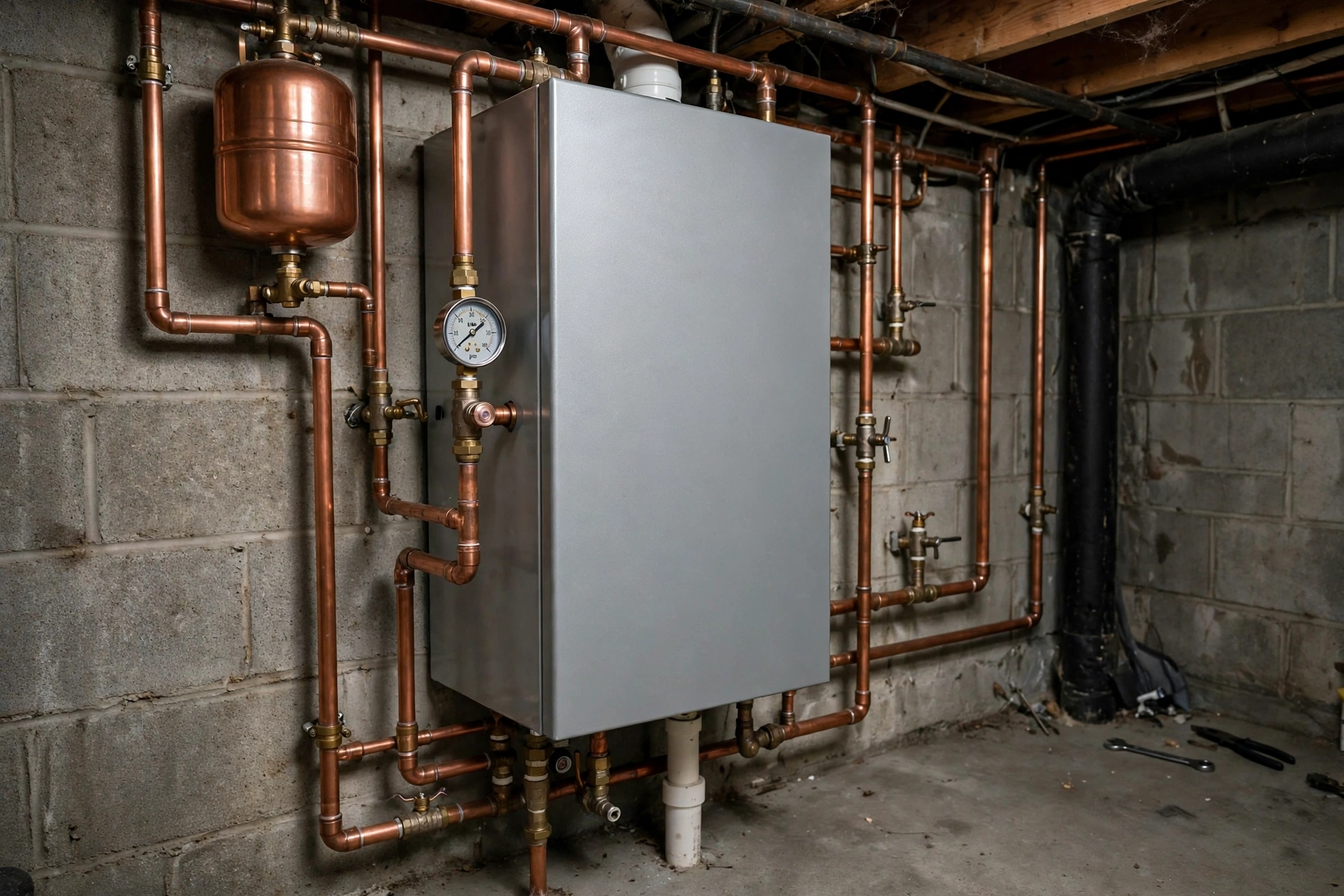 Plain wall mounted boiler with copper pipes and a round pressure gauge in a basement