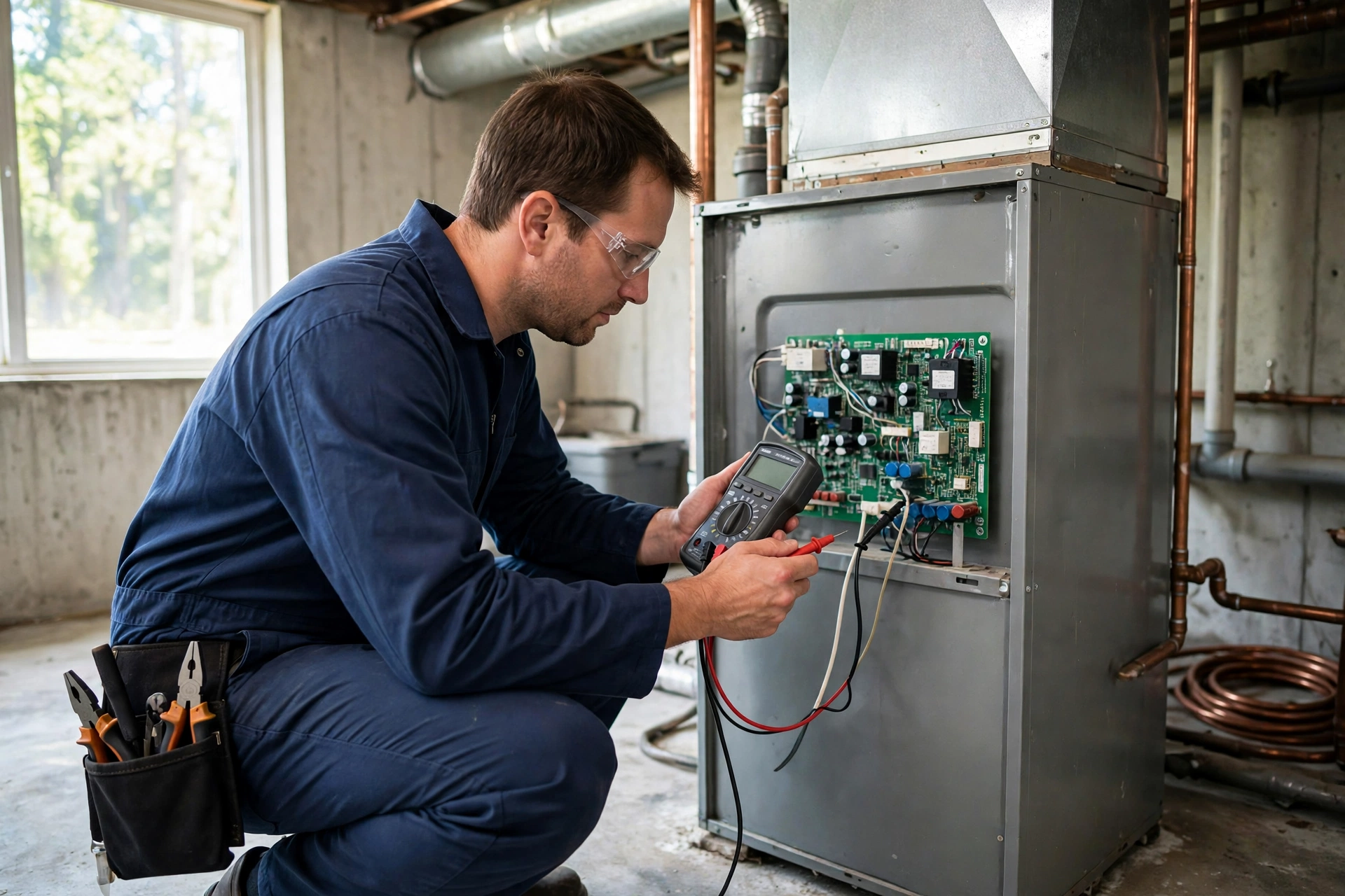 Gas furnace unit in a residential basement in Georgetown, Delaware