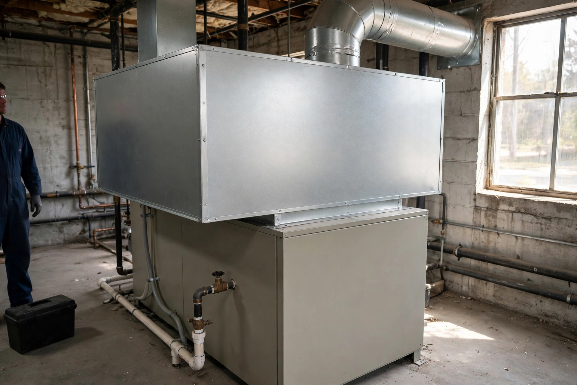 Gas furnace unit in a residential basement in Rehoboth Beach, Delaware