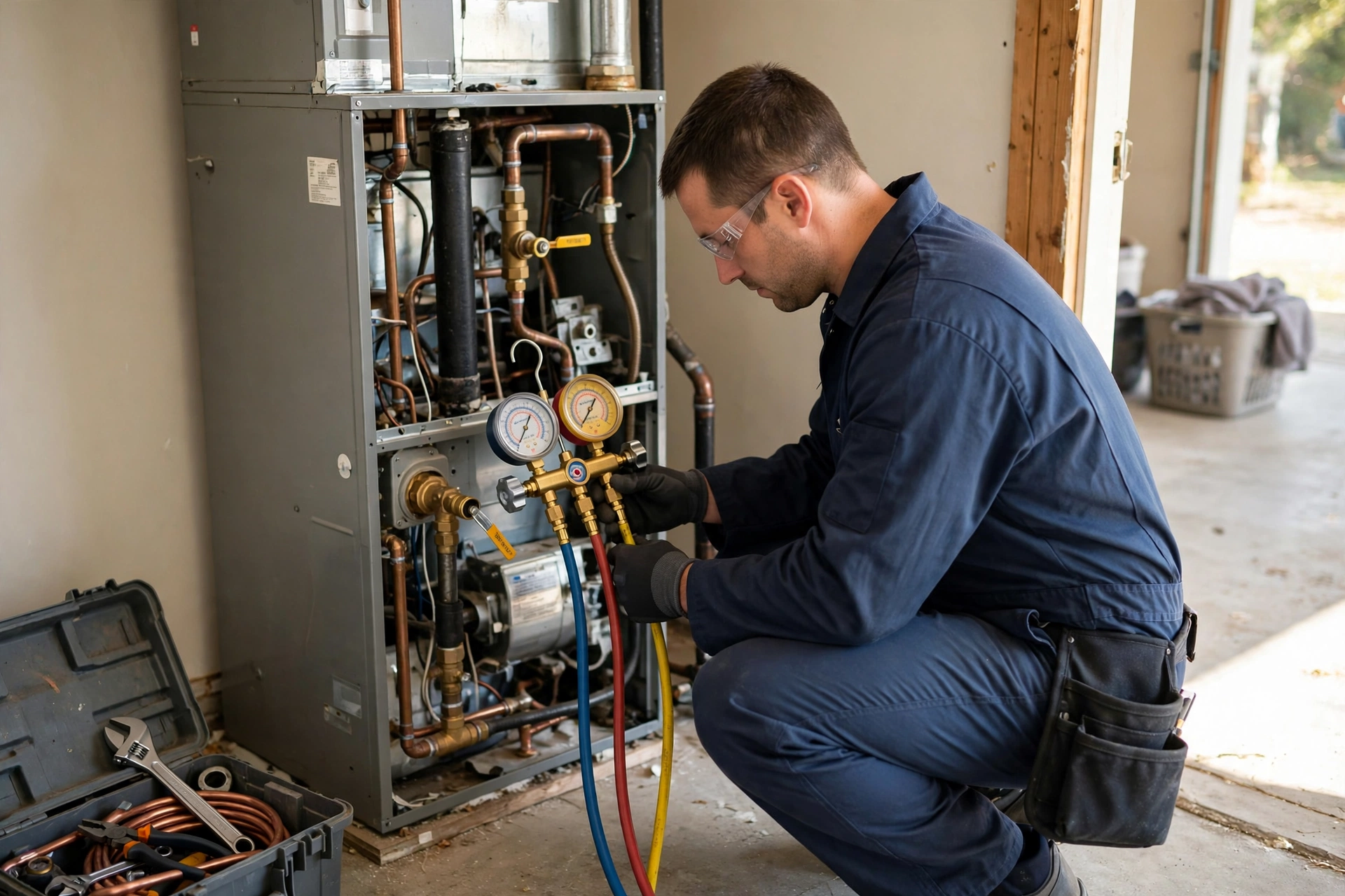 Furnace technician inspecting a home heating system in Delaware, view 4